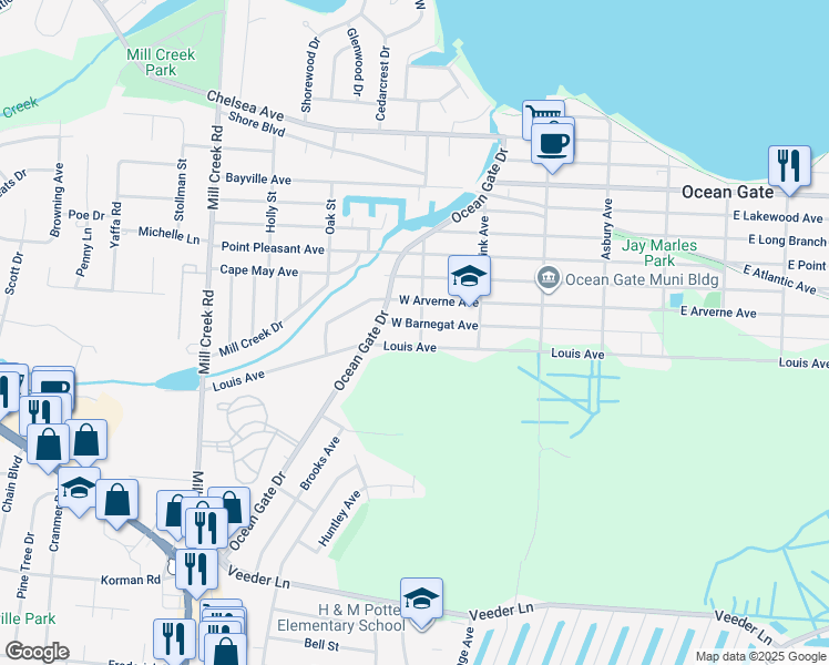 map of restaurants, bars, coffee shops, grocery stores, and more near 155 West Barnegat Avenue in Ocean Gate