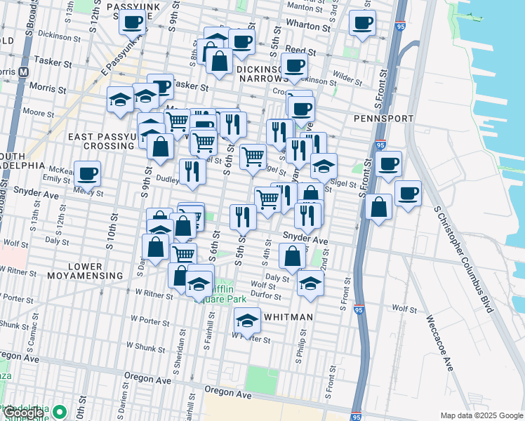 map of restaurants, bars, coffee shops, grocery stores, and more near 1927 South 5th Street in Philadelphia