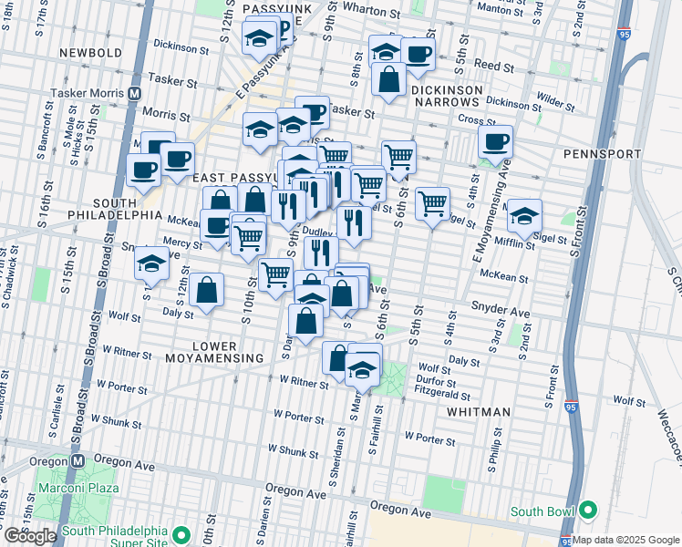 map of restaurants, bars, coffee shops, grocery stores, and more near 737 Emily Street in Philadelphia