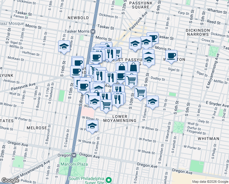map of restaurants, bars, coffee shops, grocery stores, and more near in Philadelphia