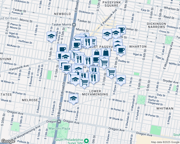 map of restaurants, bars, coffee shops, grocery stores, and more near 1138 Cantrell Street in Philadelphia