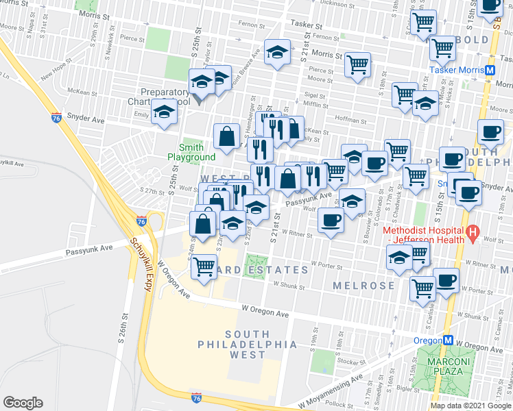map of restaurants, bars, coffee shops, grocery stores, and more near 2307 South 22nd Street in Philadelphia
