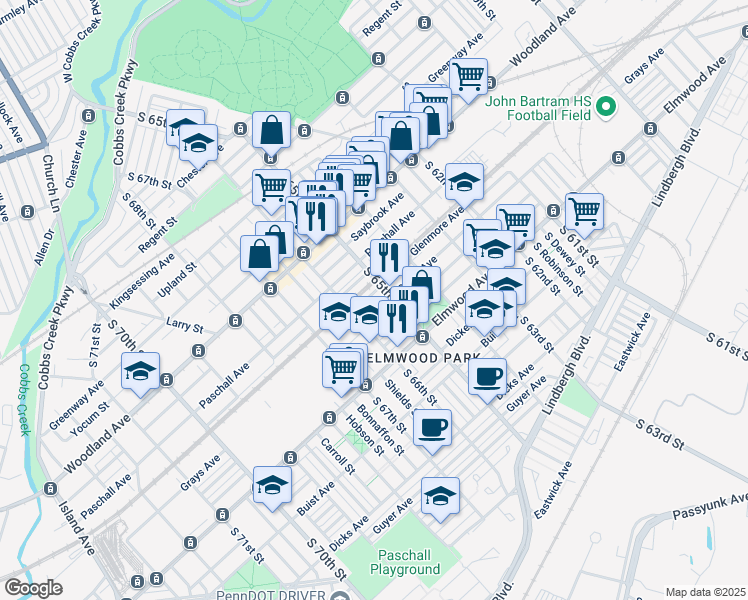 map of restaurants, bars, coffee shops, grocery stores, and more near 6500 Linmore Avenue in Philadelphia