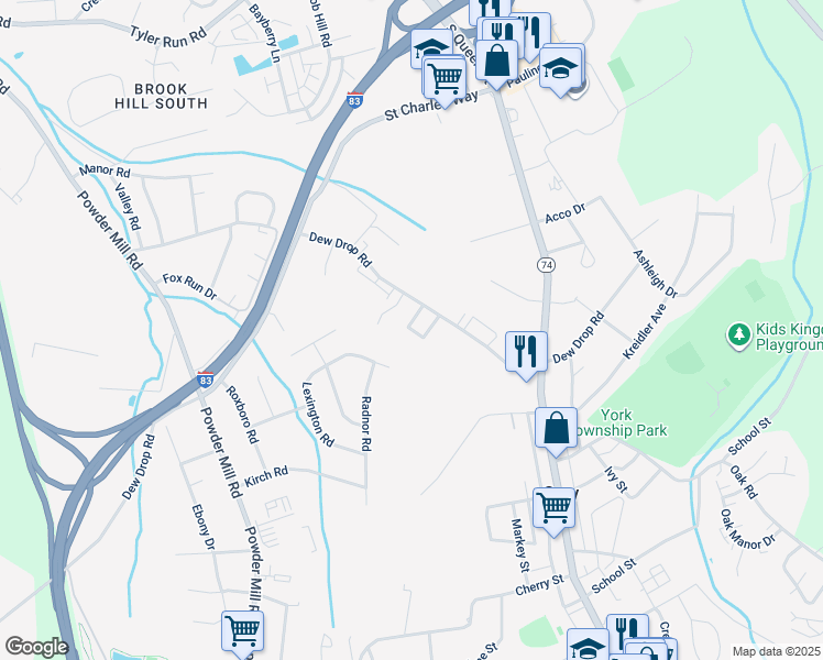 map of restaurants, bars, coffee shops, grocery stores, and more near 304 Hunters Path in York