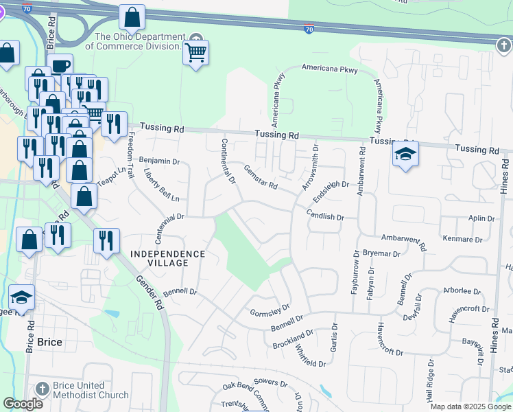 map of restaurants, bars, coffee shops, grocery stores, and more near 6831 Gemstar Road in Reynoldsburg