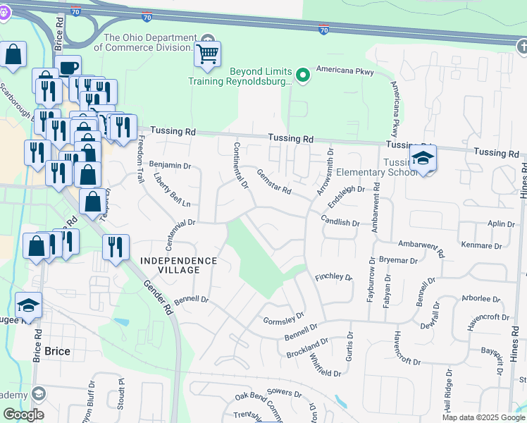 map of restaurants, bars, coffee shops, grocery stores, and more near 6831 Gemstar Road in Reynoldsburg