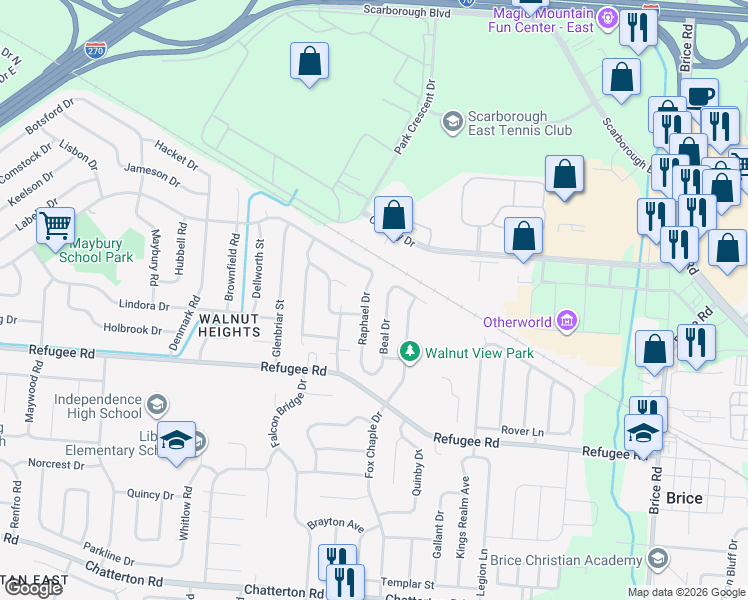 map of restaurants, bars, coffee shops, grocery stores, and more near 2701 Raphael Drive in Columbus