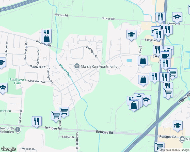 map of restaurants, bars, coffee shops, grocery stores, and more near 3939 Kimberly Parkway North in Columbus