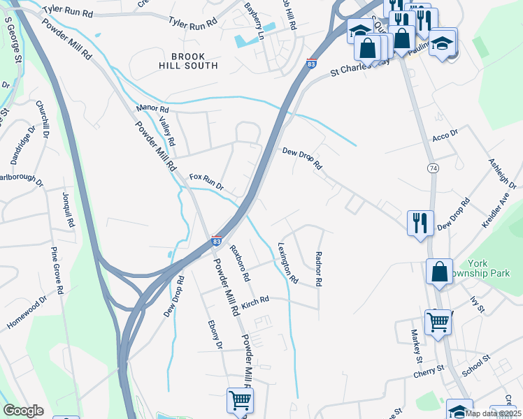 map of restaurants, bars, coffee shops, grocery stores, and more near 170 Dew Drop Road in York