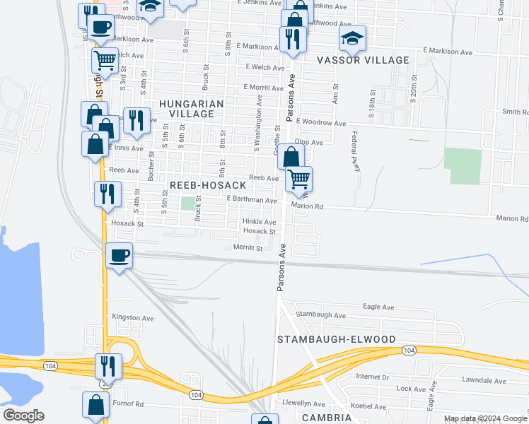 map of restaurants, bars, coffee shops, grocery stores, and more near 1944 South Washington Avenue in Columbus