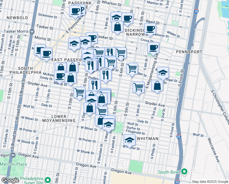 map of restaurants, bars, coffee shops, grocery stores, and more near 613 Mercy Street in Philadelphia