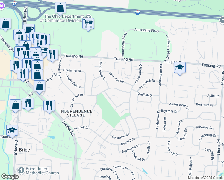 map of restaurants, bars, coffee shops, grocery stores, and more near 6831 Gemstar Road in Reynoldsburg