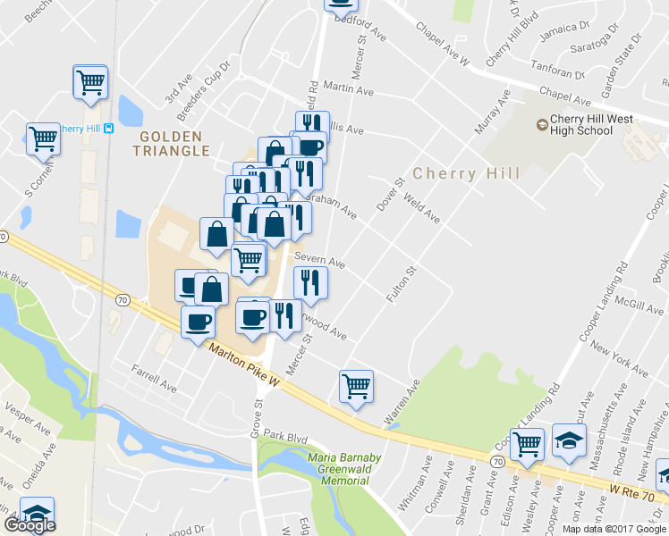 map of restaurants, bars, coffee shops, grocery stores, and more near 1205 Severn Avenue in Cherry Hill