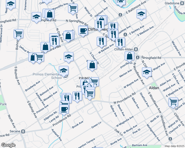 map of restaurants, bars, coffee shops, grocery stores, and more near 710 Central Avenue in Delaware County