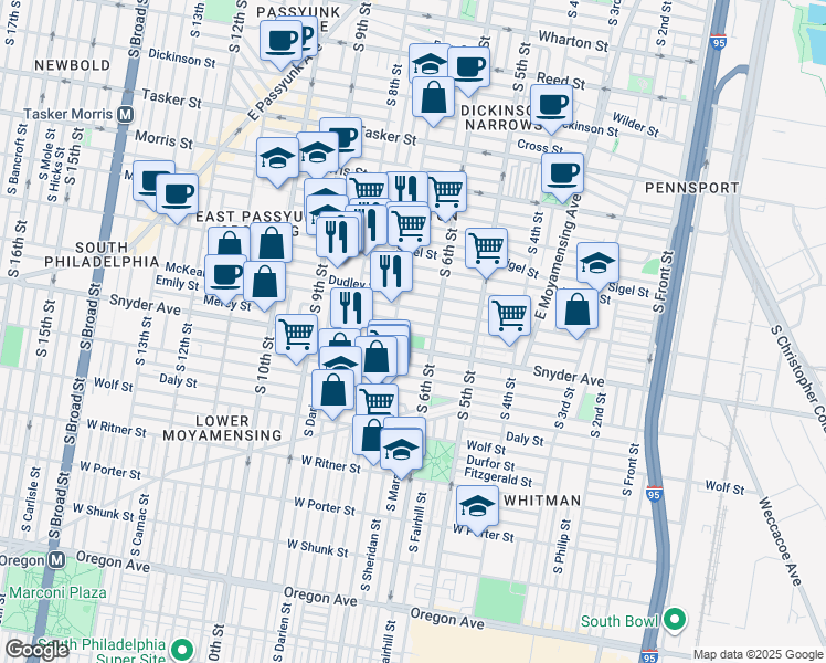 map of restaurants, bars, coffee shops, grocery stores, and more near 627 Mercy Street in Philadelphia