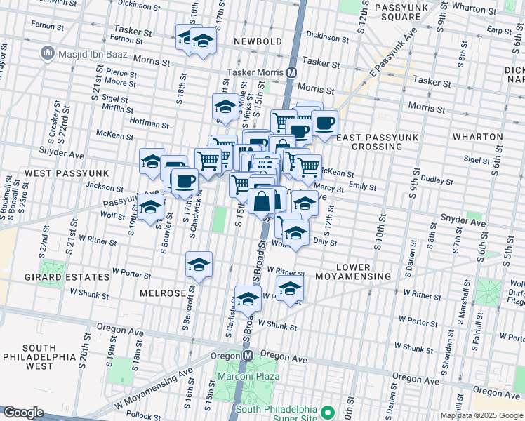 map of restaurants, bars, coffee shops, grocery stores, and more near 2144 South Broad Street in Philadelphia