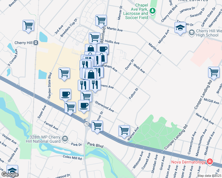 map of restaurants, bars, coffee shops, grocery stores, and more near 1205 Severn Avenue in Cherry Hill