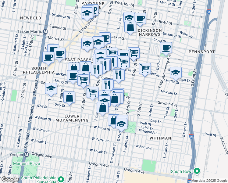 map of restaurants, bars, coffee shops, grocery stores, and more near 737 Emily Street in Philadelphia