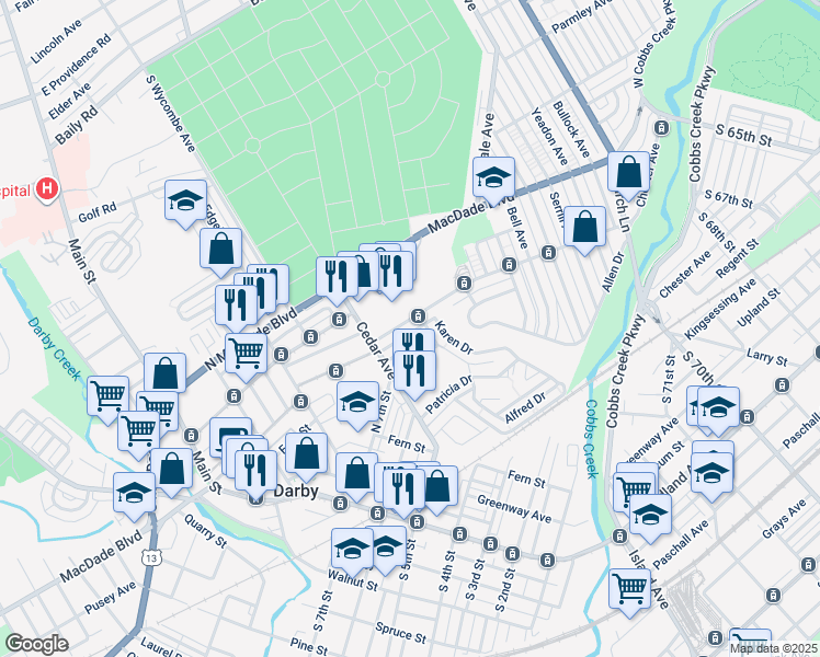 map of restaurants, bars, coffee shops, grocery stores, and more near 128 Chester Avenue in Yeadon