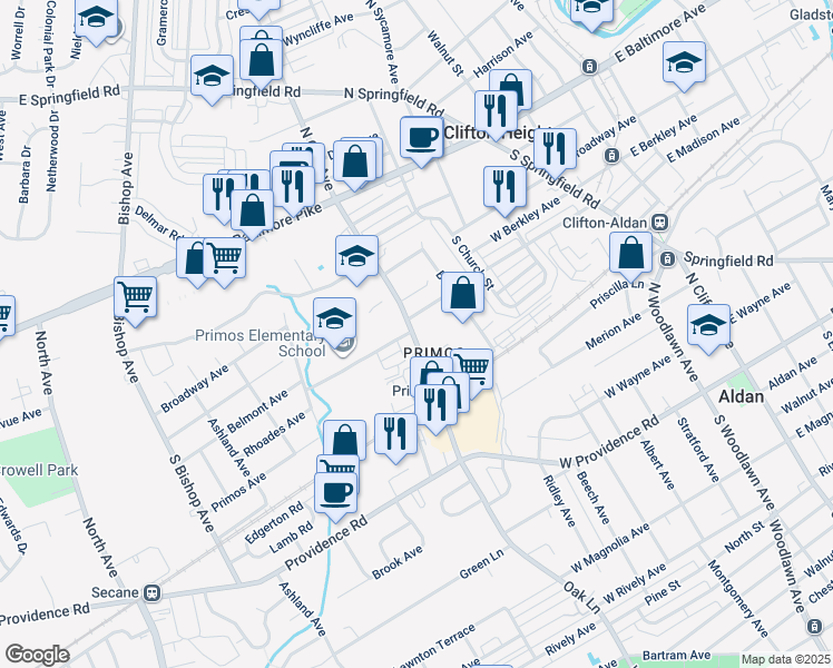 map of restaurants, bars, coffee shops, grocery stores, and more near 311 South Oak Avenue in Clifton Heights