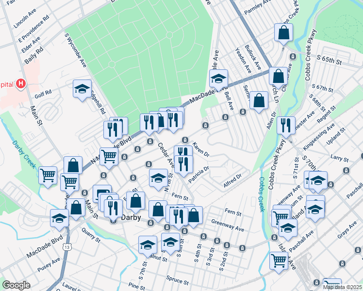 map of restaurants, bars, coffee shops, grocery stores, and more near 128 Chester Avenue in Yeadon