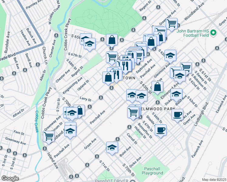 map of restaurants, bars, coffee shops, grocery stores, and more near 2212 South 67th Street in Philadelphia