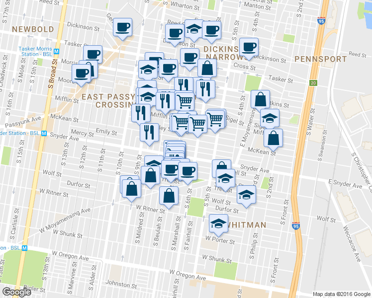 map of restaurants, bars, coffee shops, grocery stores, and more near 629 Mercy Street in Philadelphia