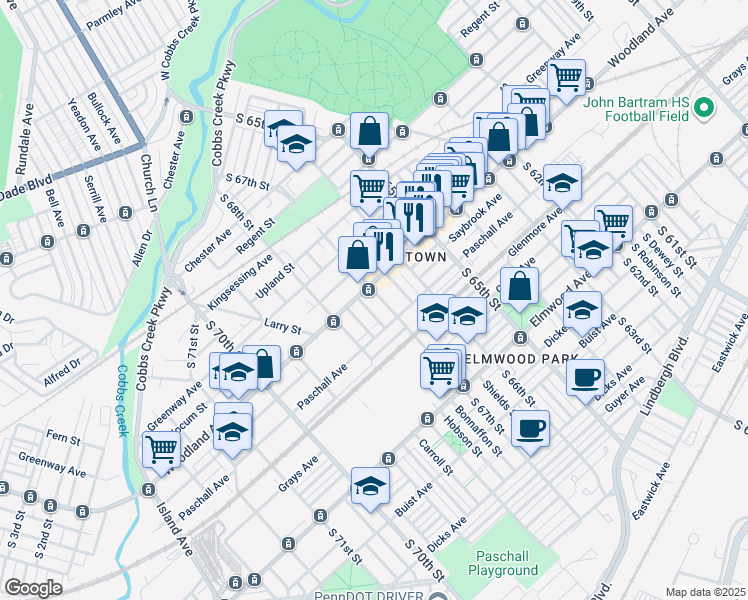 map of restaurants, bars, coffee shops, grocery stores, and more near 2210 South 67th Street in Philadelphia