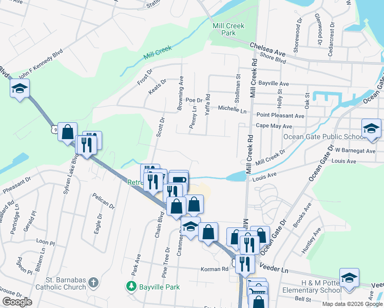 map of restaurants, bars, coffee shops, grocery stores, and more near 16 Jonathan Drive in Ocean County