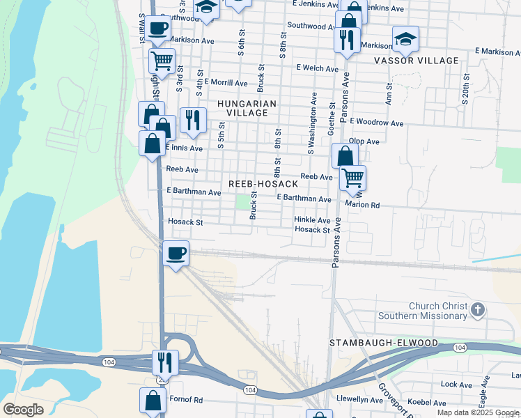 map of restaurants, bars, coffee shops, grocery stores, and more near 230 Hinkle Avenue in Columbus