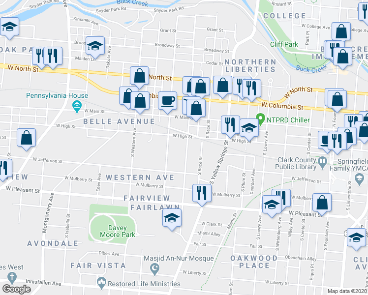 map of restaurants, bars, coffee shops, grocery stores, and more near 125 South Light Street in Springfield