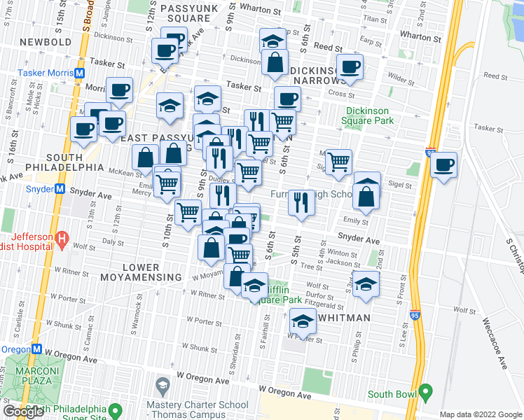 map of restaurants, bars, coffee shops, grocery stores, and more near 627 Mercy Street in Philadelphia