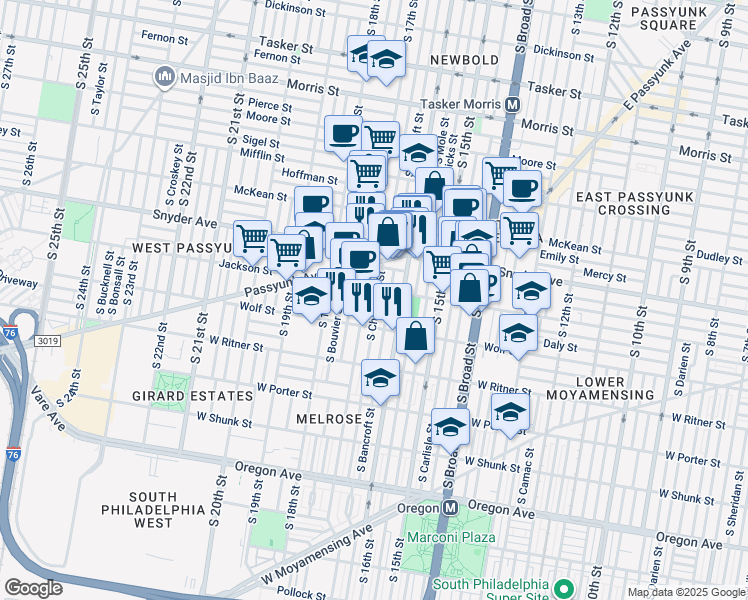 map of restaurants, bars, coffee shops, grocery stores, and more near 2212 South Chadwick Street in Philadelphia