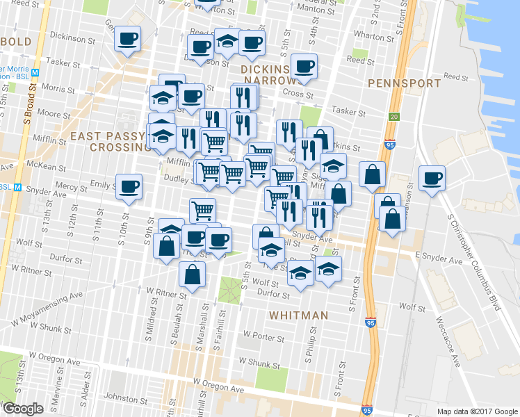 map of restaurants, bars, coffee shops, grocery stores, and more near 2011 South 5th Street in Philadelphia
