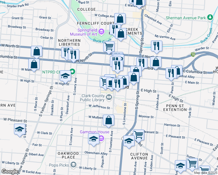 map of restaurants, bars, coffee shops, grocery stores, and more near 34 West High Street in Springfield