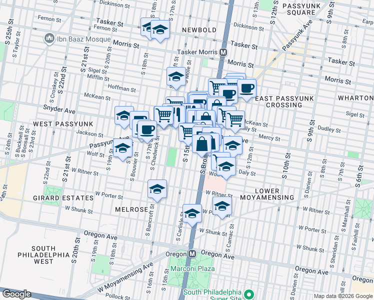 map of restaurants, bars, coffee shops, grocery stores, and more near S 15th St & Jackson St in Philadelphia