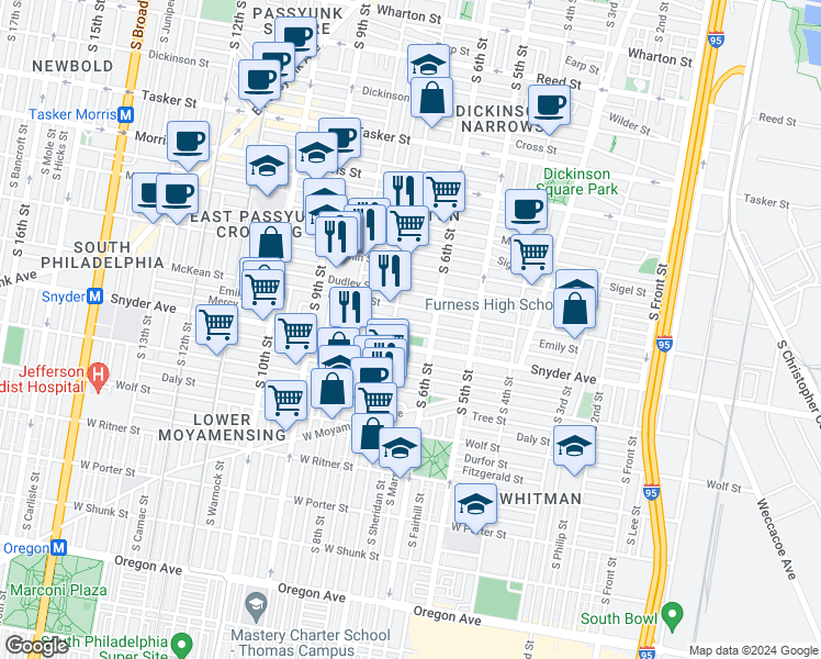 map of restaurants, bars, coffee shops, grocery stores, and more near 629 Mercy Street in Philadelphia
