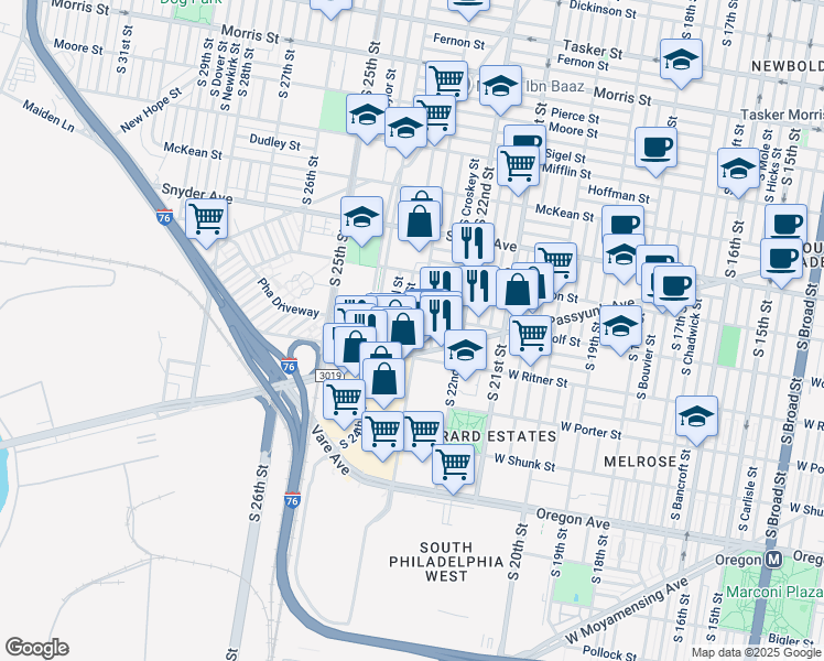 map of restaurants, bars, coffee shops, grocery stores, and more near 2316 South 23rd Street in Philadelphia