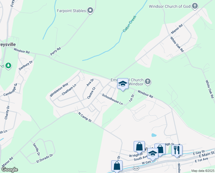 map of restaurants, bars, coffee shops, grocery stores, and more near 590 Manor Road in Windsor