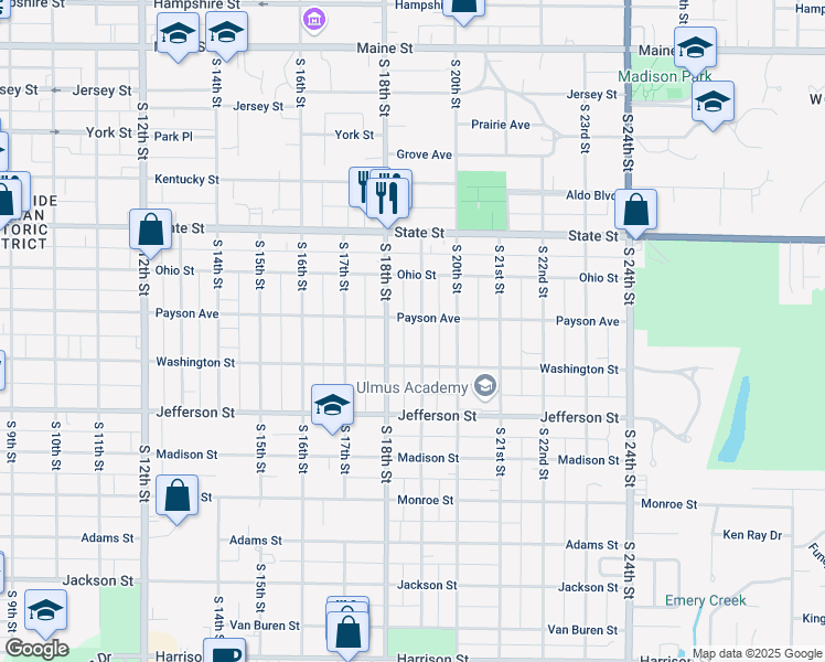 map of restaurants, bars, coffee shops, grocery stores, and more near 636 South 19th Street in Quincy