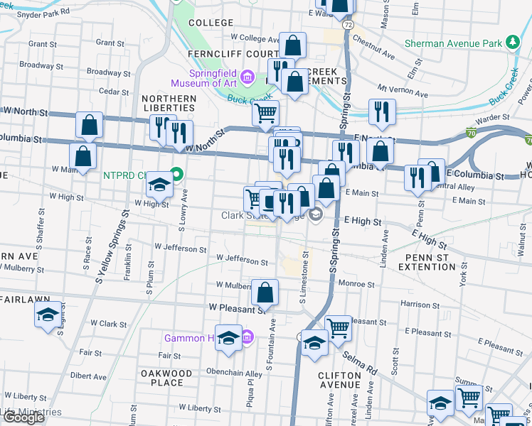 map of restaurants, bars, coffee shops, grocery stores, and more near 34 West High Street in Springfield