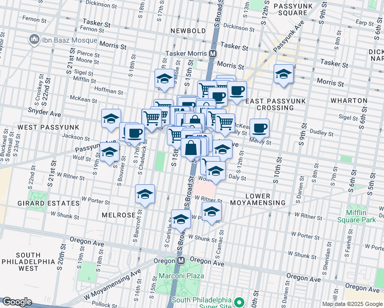 map of restaurants, bars, coffee shops, grocery stores, and more near 2037 Pennsylvania 611 in Philadelphia