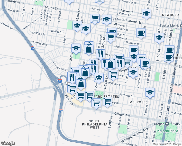 map of restaurants, bars, coffee shops, grocery stores, and more near 2312 South Hemberger Street in Philadelphia