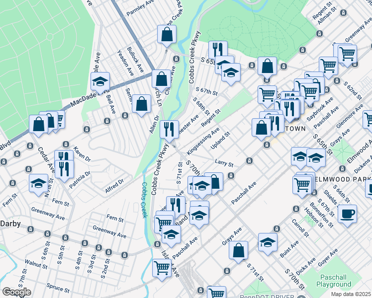 map of restaurants, bars, coffee shops, grocery stores, and more near 6926 Chester Avenue in Philadelphia
