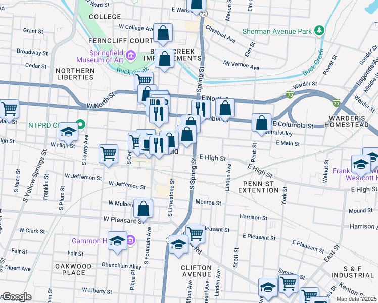 map of restaurants, bars, coffee shops, grocery stores, and more near in Springfield