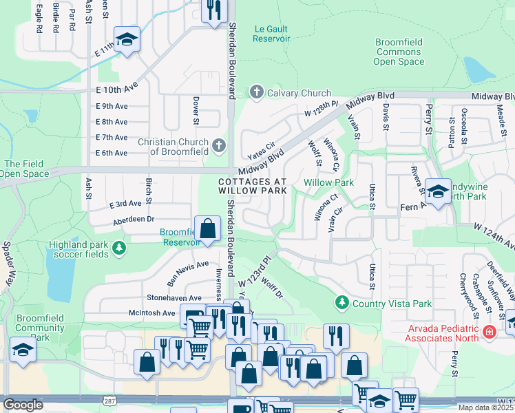 map of restaurants, bars, coffee shops, grocery stores, and more near 12685 Yates Street in Broomfield
