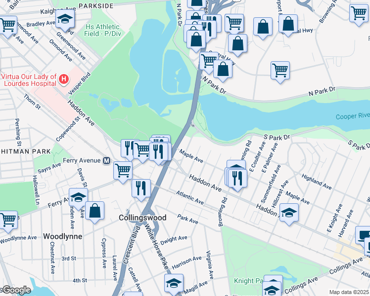 map of restaurants, bars, coffee shops, grocery stores, and more near 200 South Crescent Boulevard in Collingswood