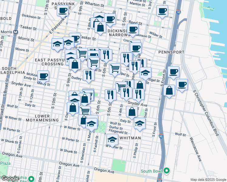map of restaurants, bars, coffee shops, grocery stores, and more near 1927 South 5th Street in Philadelphia