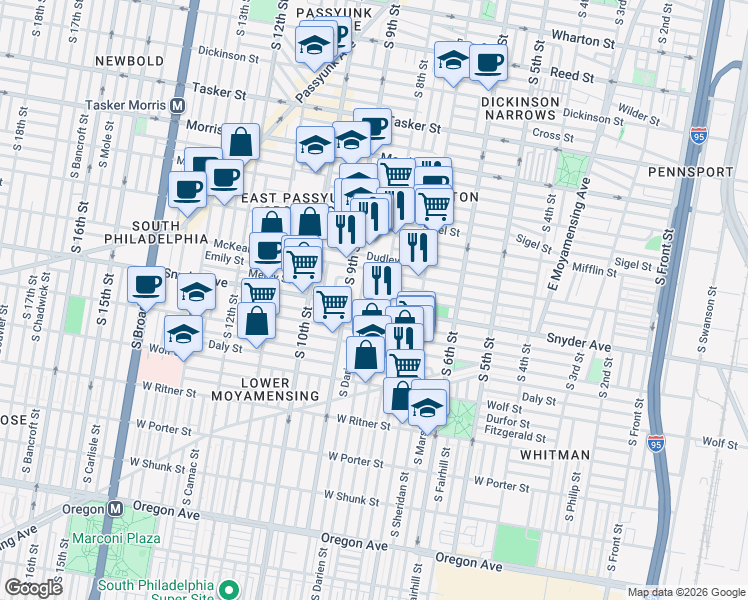 map of restaurants, bars, coffee shops, grocery stores, and more near 2015 South Darien Street in Philadelphia