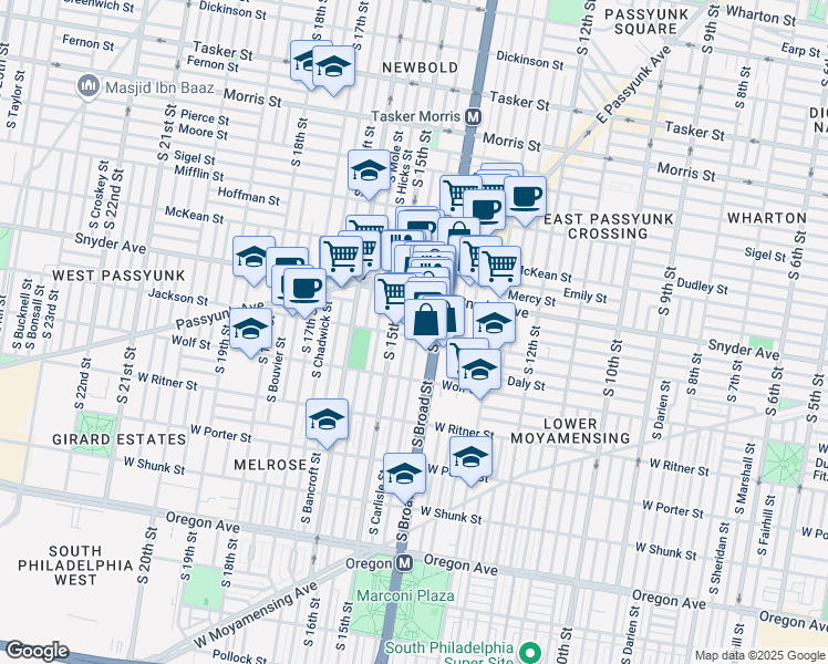 map of restaurants, bars, coffee shops, grocery stores, and more near 2121 South Carlisle Street in Philadelphia